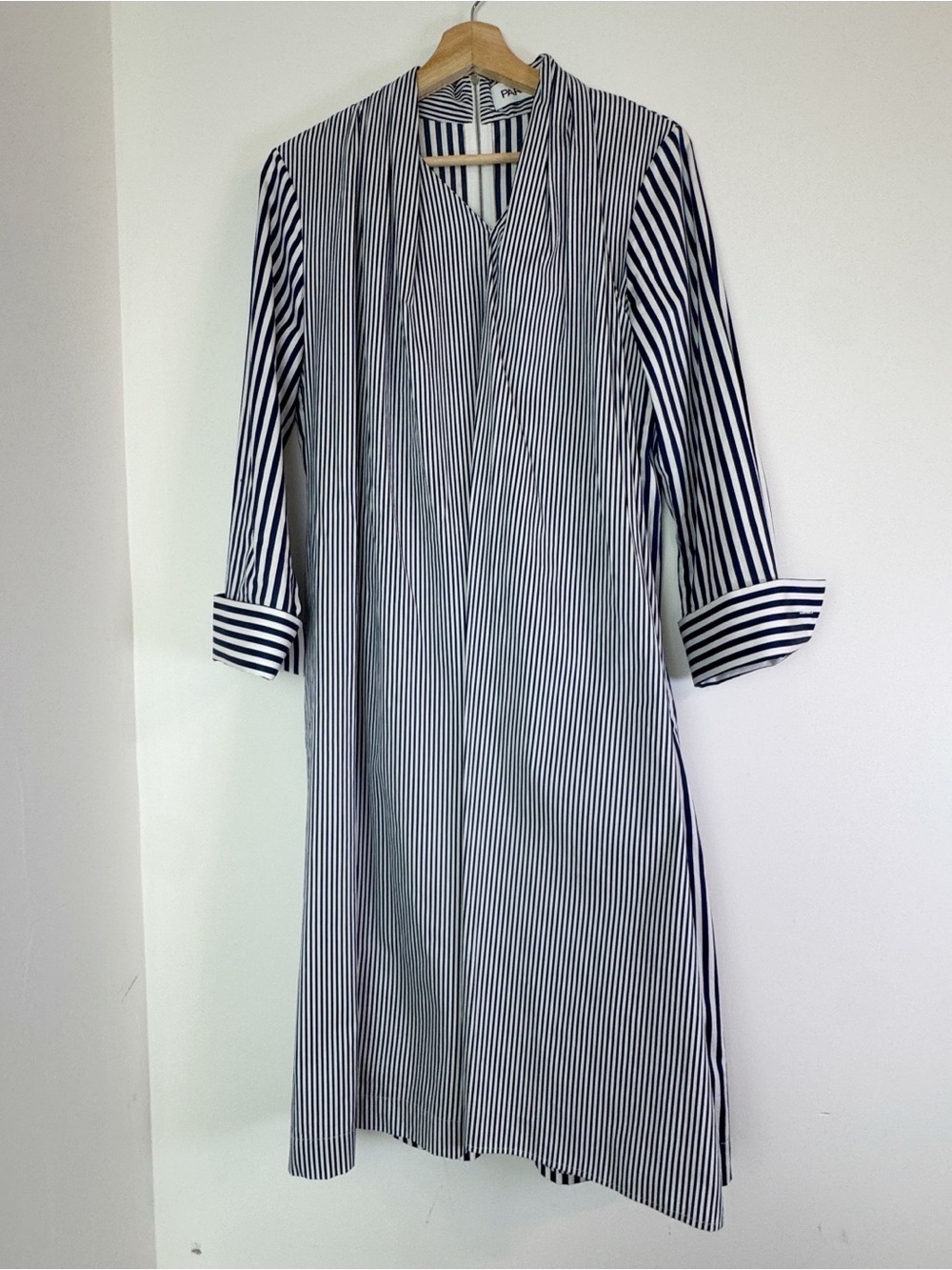 Partow women's long sleeve Striped‎ belted Shirt Dress v neck poplin cotton blue